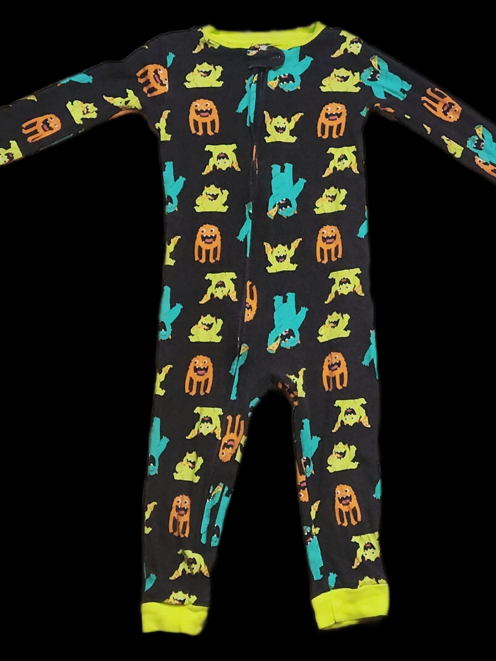 #IC1 Simple Black Kids Monster Footed One-Piece Pajamas - Green & Orange & Teal